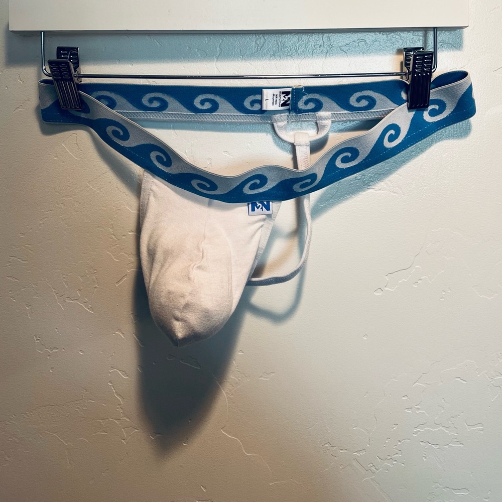 Men's White and Blue Thong